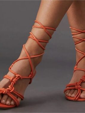 Anthropologie Coral-Orange Rope Lace-Up Heeled Sandals
